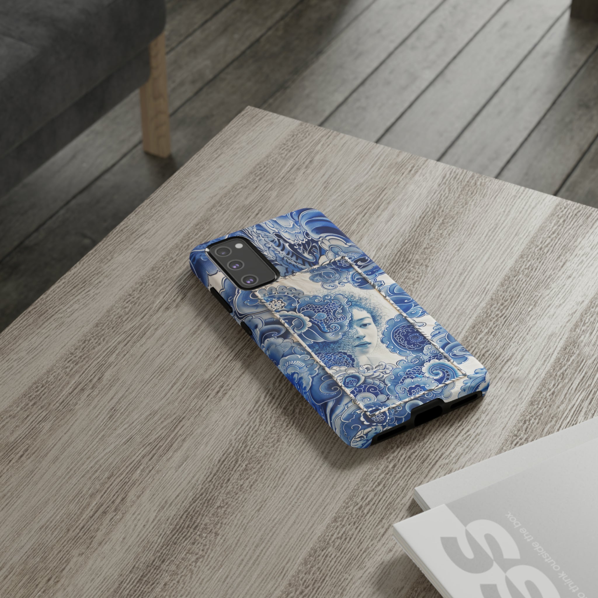 Phone Case, vintage blue girl tile , Artistic design, Tough Case, Blue vintage tile design, iPhone 15, 14, 13, 12, 11, Samsung, Pixel