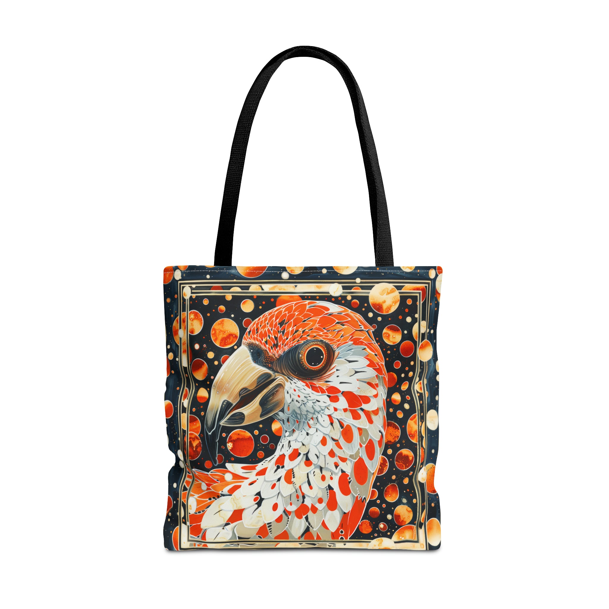 Canvas Tote Bag, vintage inspired orange bird design, vibrant artistic accessory, whimsical all over print bag in three sizes,