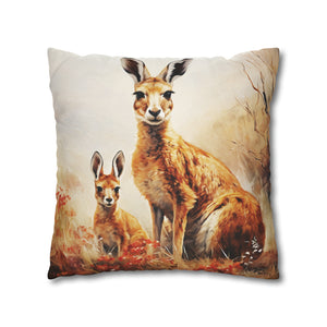 Square Pillow Case 18" x 18", CASE ONLY, no pillow form, original Art ,Colorful, a Mother and Joey in the Tall Golden Grass