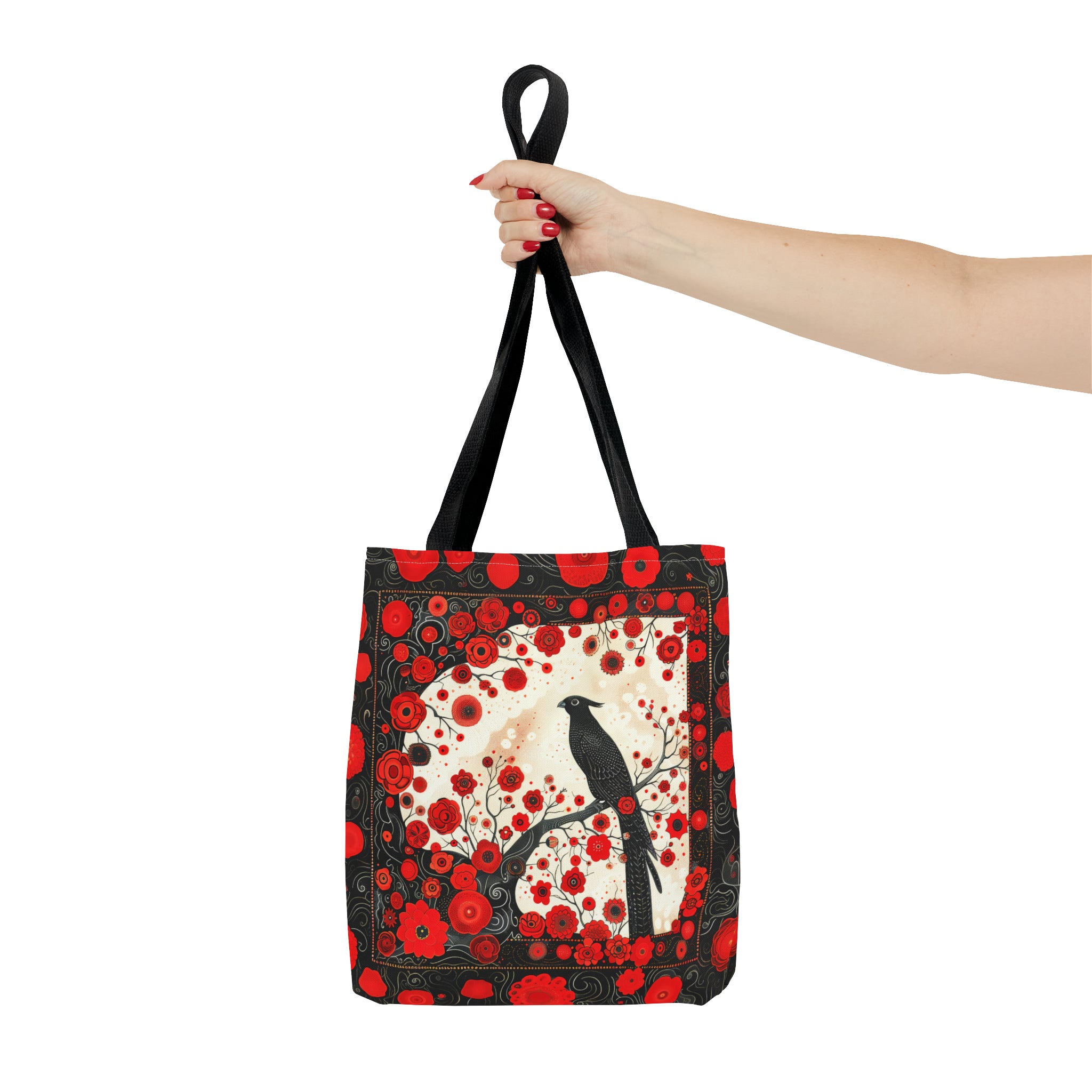 Canvas Tote Bag, vintage inspired bird design with red flowers, vibrant artistic accessory, whimsical all over print bag in three sizes