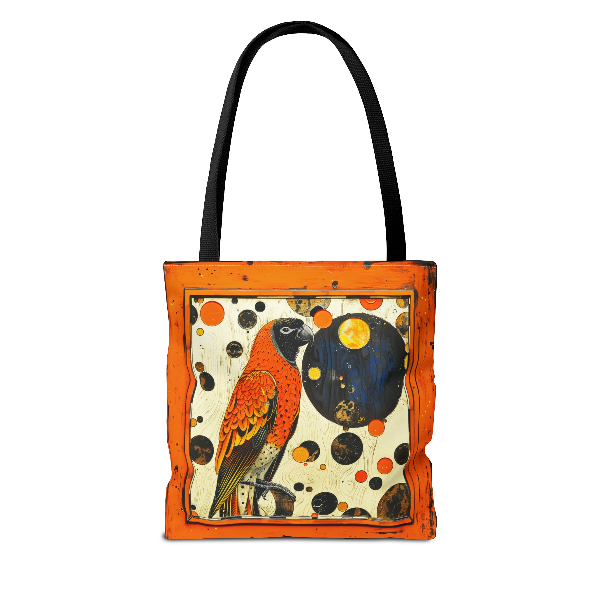 Canvas Tote Bag, vintage inspired bird in an orange frame design, vibrant artistic accessory, whimsical all over print bag in three sizes