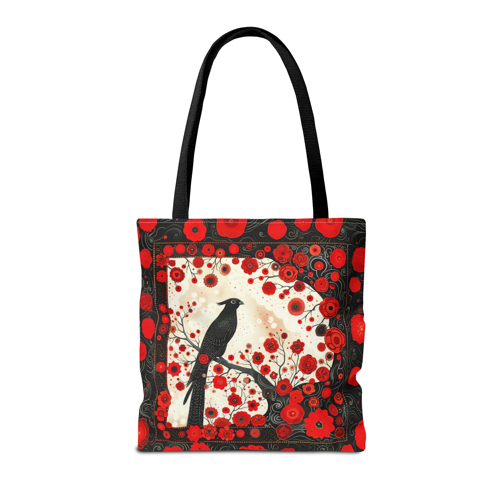 Canvas Tote Bag, vintage inspired bird design with red flowers, vibrant artistic accessory, whimsical all over print bag in three sizes