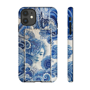 Phone Case, vintage blue girl tile , Artistic design, Tough Case, Blue vintage tile design, iPhone 15, 14, 13, 12, 11, Samsung, Pixel