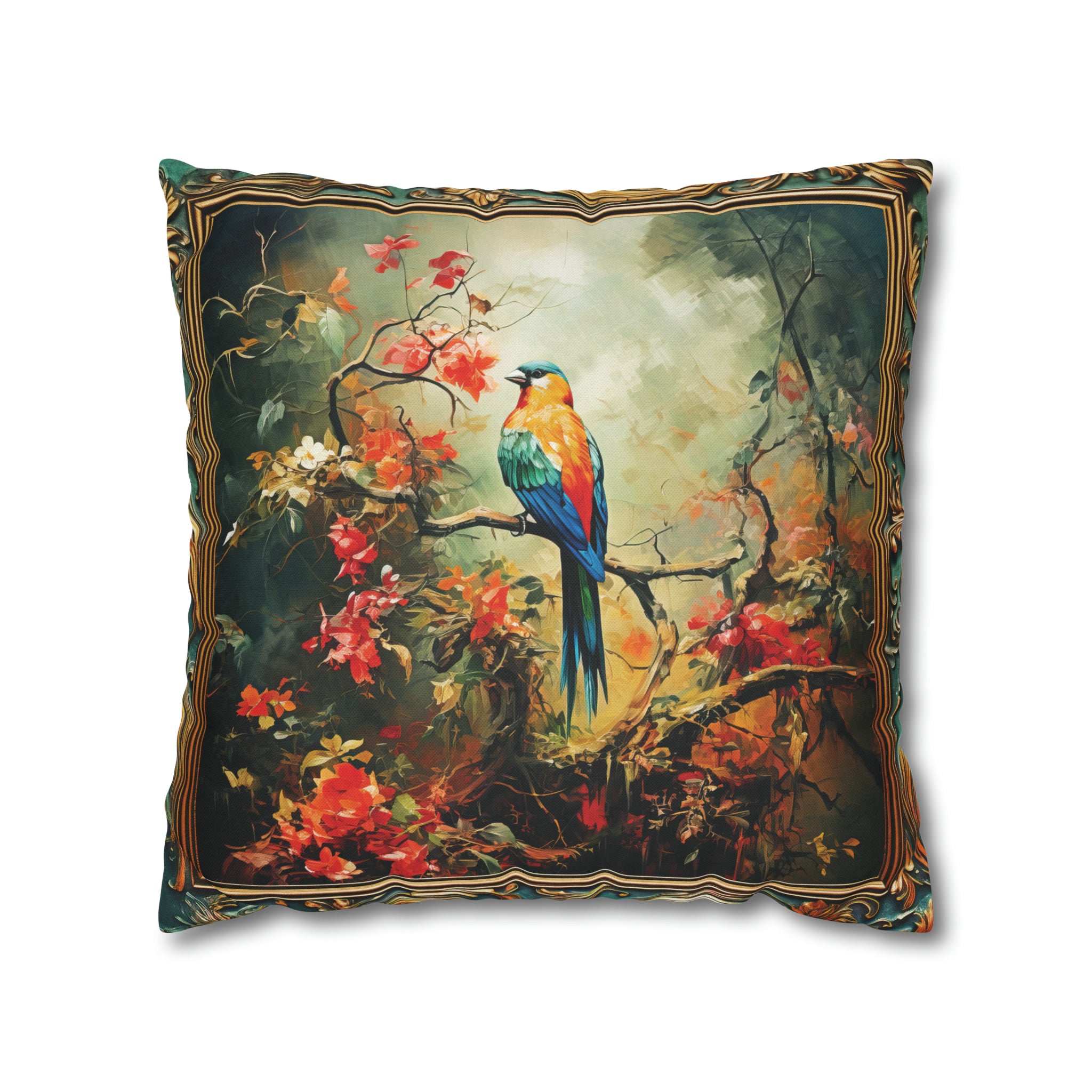 Square Pillow Case 18" x 18", CASE ONLY, no pillow form, original Art , a Colorful Bird on a Flowering Branch in the Forest