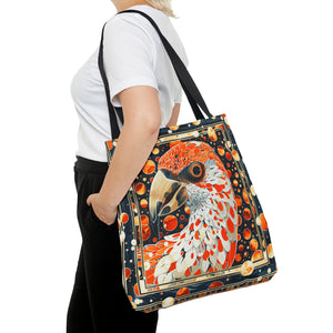 Canvas Tote Bag, vintage inspired orange bird design, vibrant artistic accessory, whimsical all over print bag in three sizes,