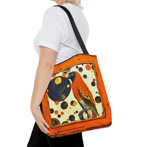 Canvas Tote Bag, vintage inspired bird in an orange frame design, vibrant artistic accessory, whimsical all over print bag in three sizes