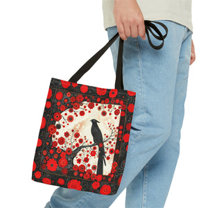 Canvas Tote Bag, vintage inspired bird design with red flowers, vibrant artistic accessory, whimsical all over print bag in three sizes