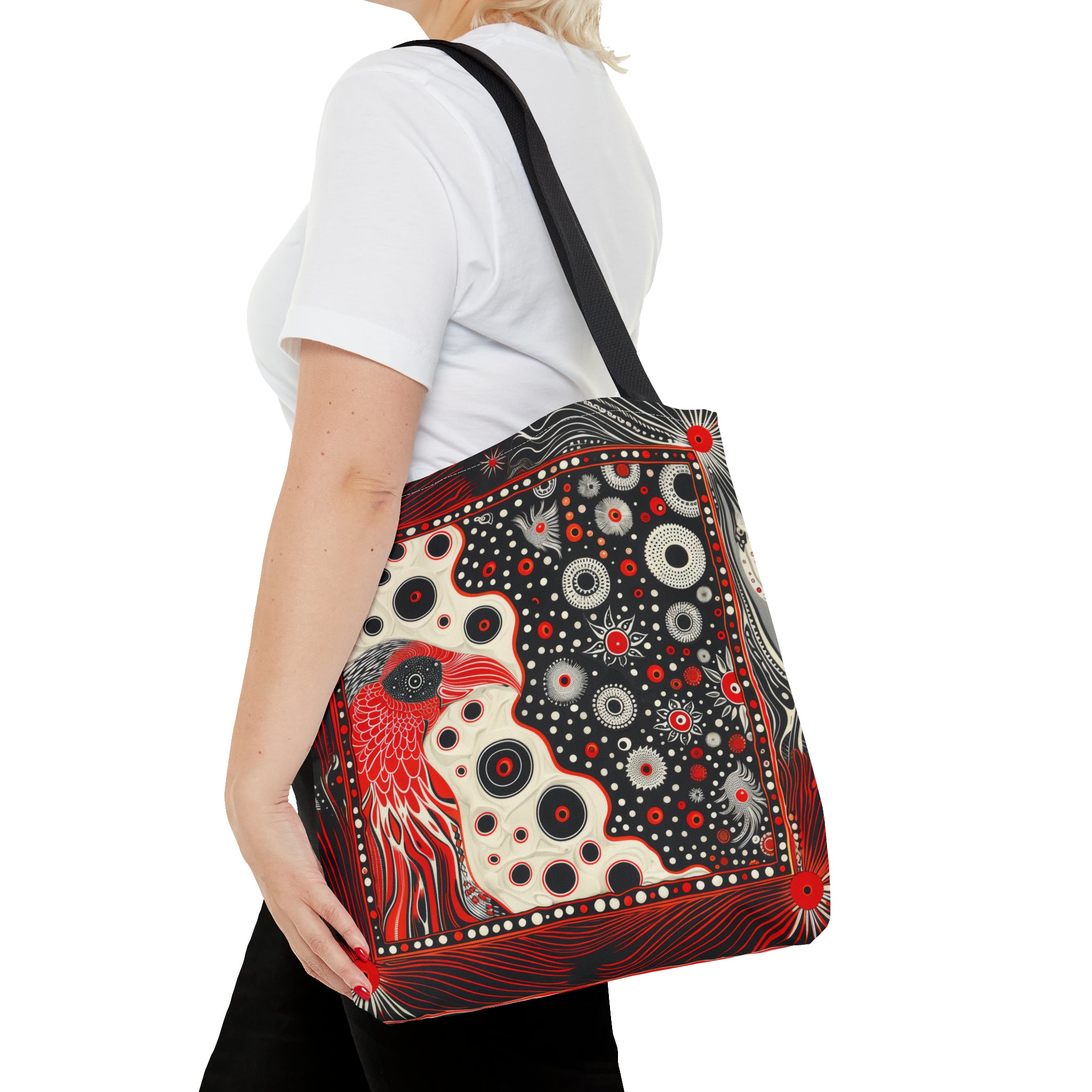 Canvas Tote Bag, Mod Red bird design, modern art inspired whimsical printed colorful design, Accessory bag, all over print