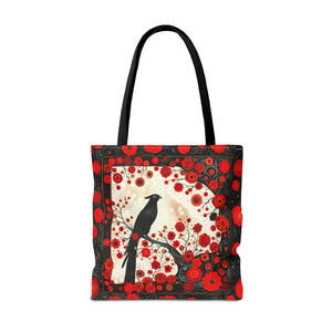 Canvas Tote Bag, vintage inspired bird design with red flowers, vibrant artistic accessory, whimsical all over print bag in three sizes