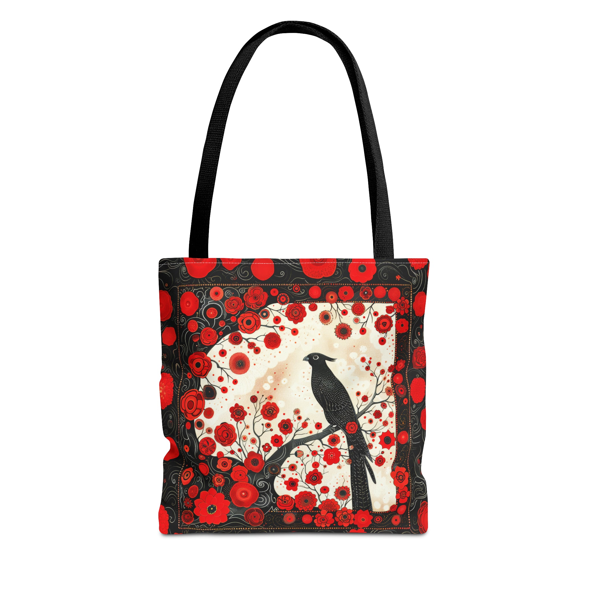 Canvas Tote Bag, vintage inspired bird design with red flowers, vibrant artistic accessory, whimsical all over print bag in three sizes