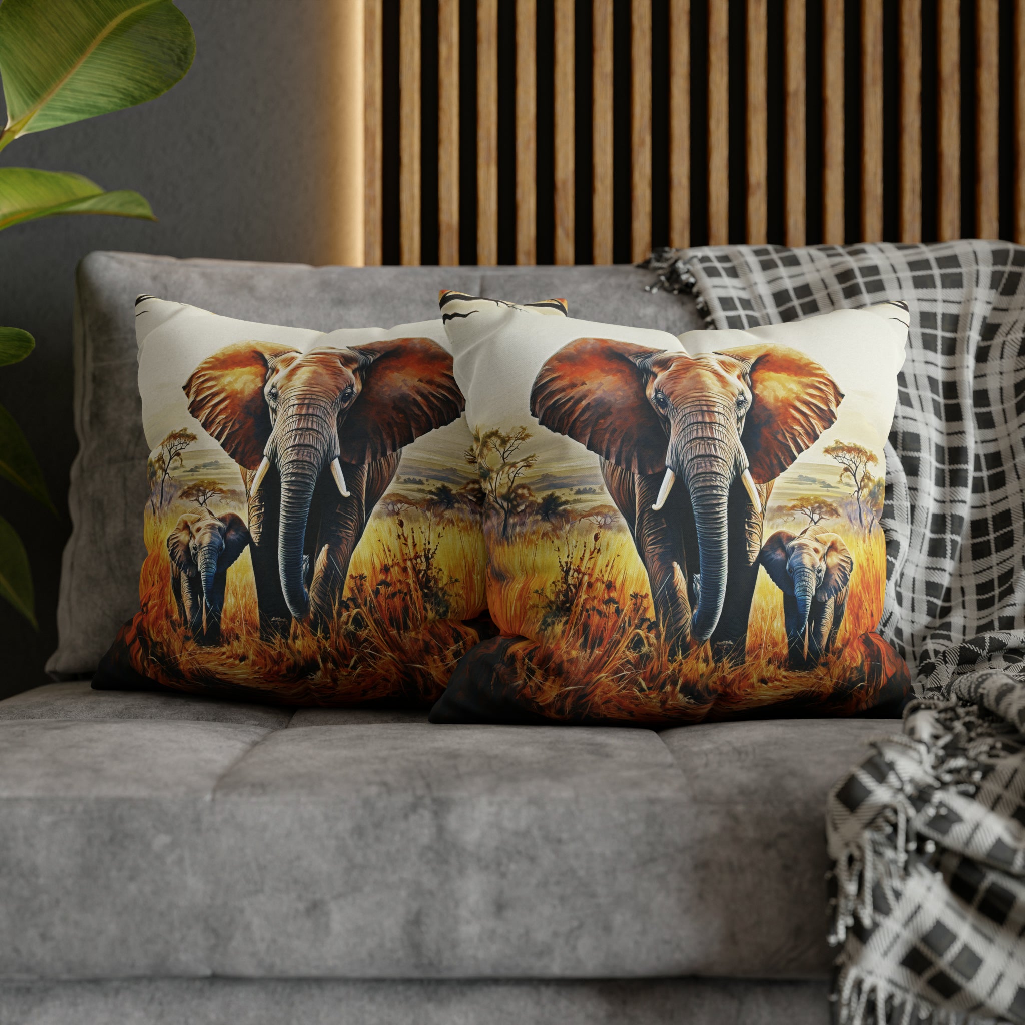 Square Pillow Case 18" x 18", CASE ONLY, no pillow form, original Art ,Colorful, a Mother Elephant and her Calf on the Plains of Africa