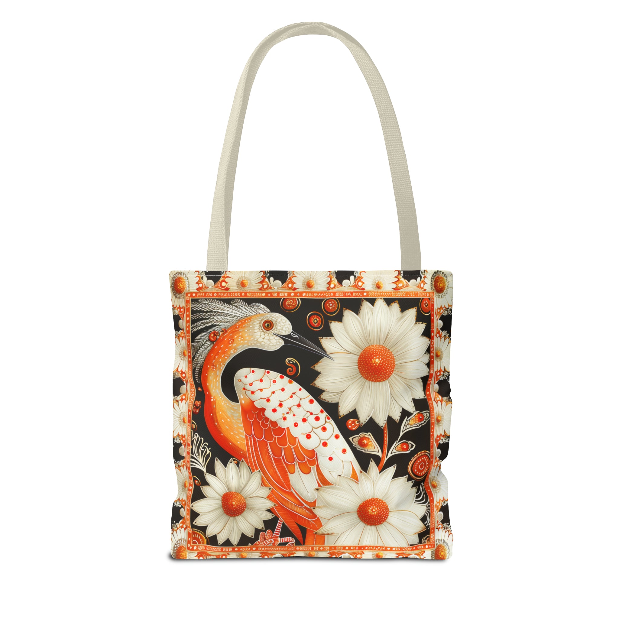 Canvas Tote Bag, inspired vintage orange stork design , vibrant artistic accessory, whimsical all over print bag in three sizes