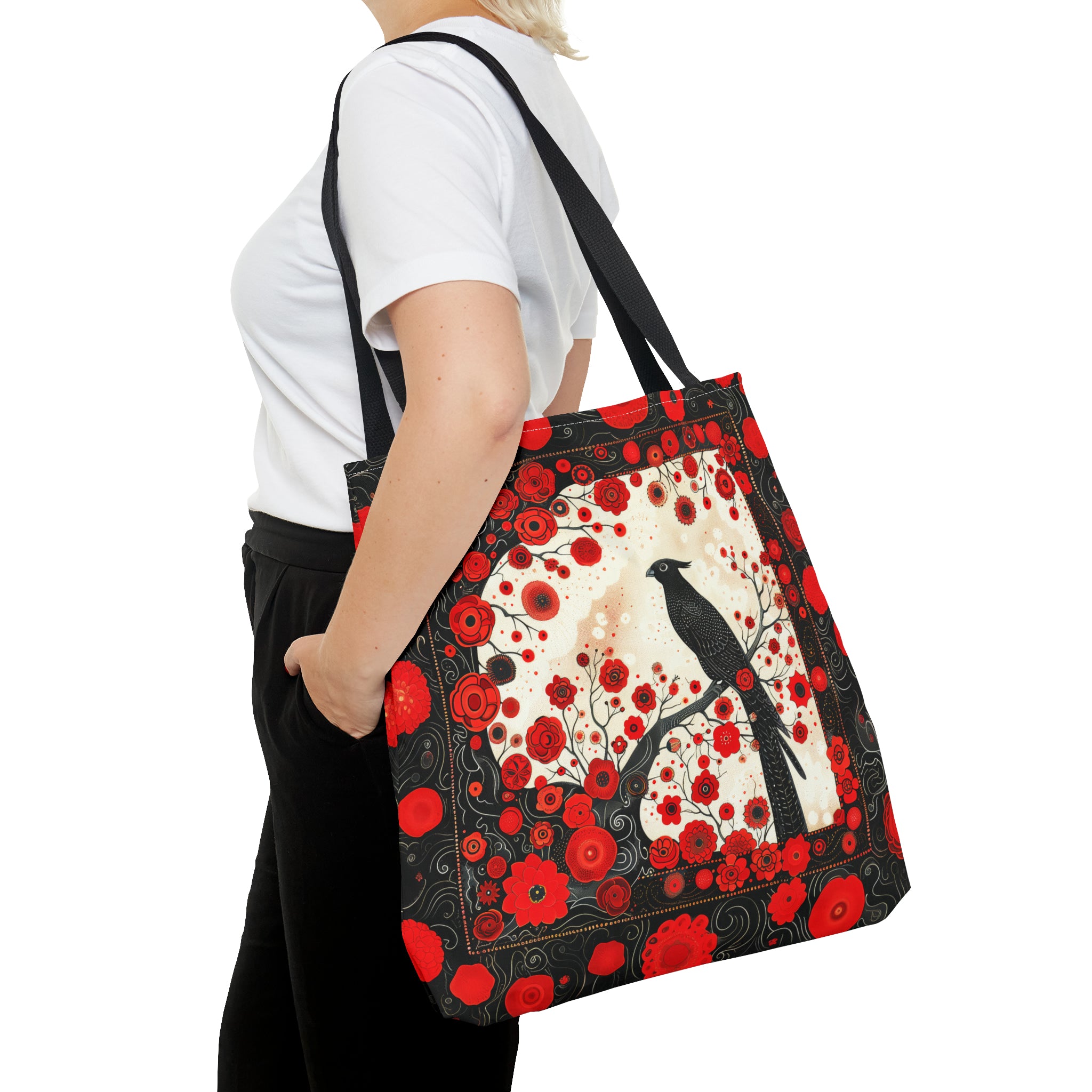 Canvas Tote Bag, vintage inspired bird design with red flowers, vibrant artistic accessory, whimsical all over print bag in three sizes