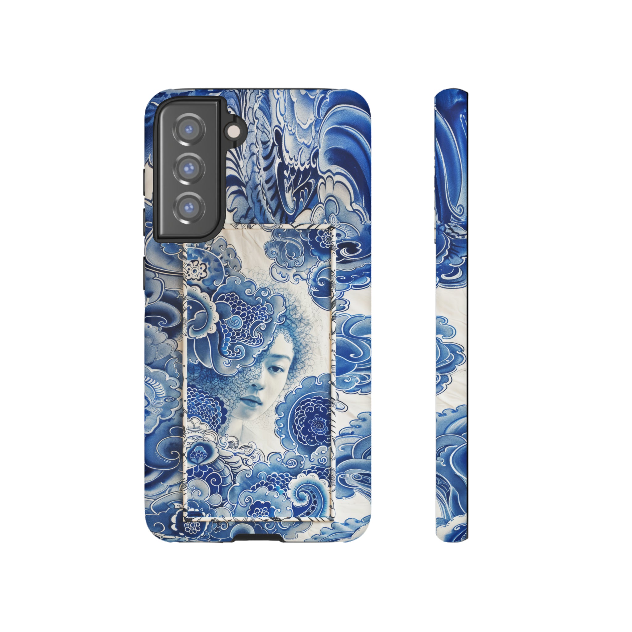 Phone Case, vintage blue girl tile , Artistic design, Tough Case, Blue vintage tile design, iPhone 15, 14, 13, 12, 11, Samsung, Pixel