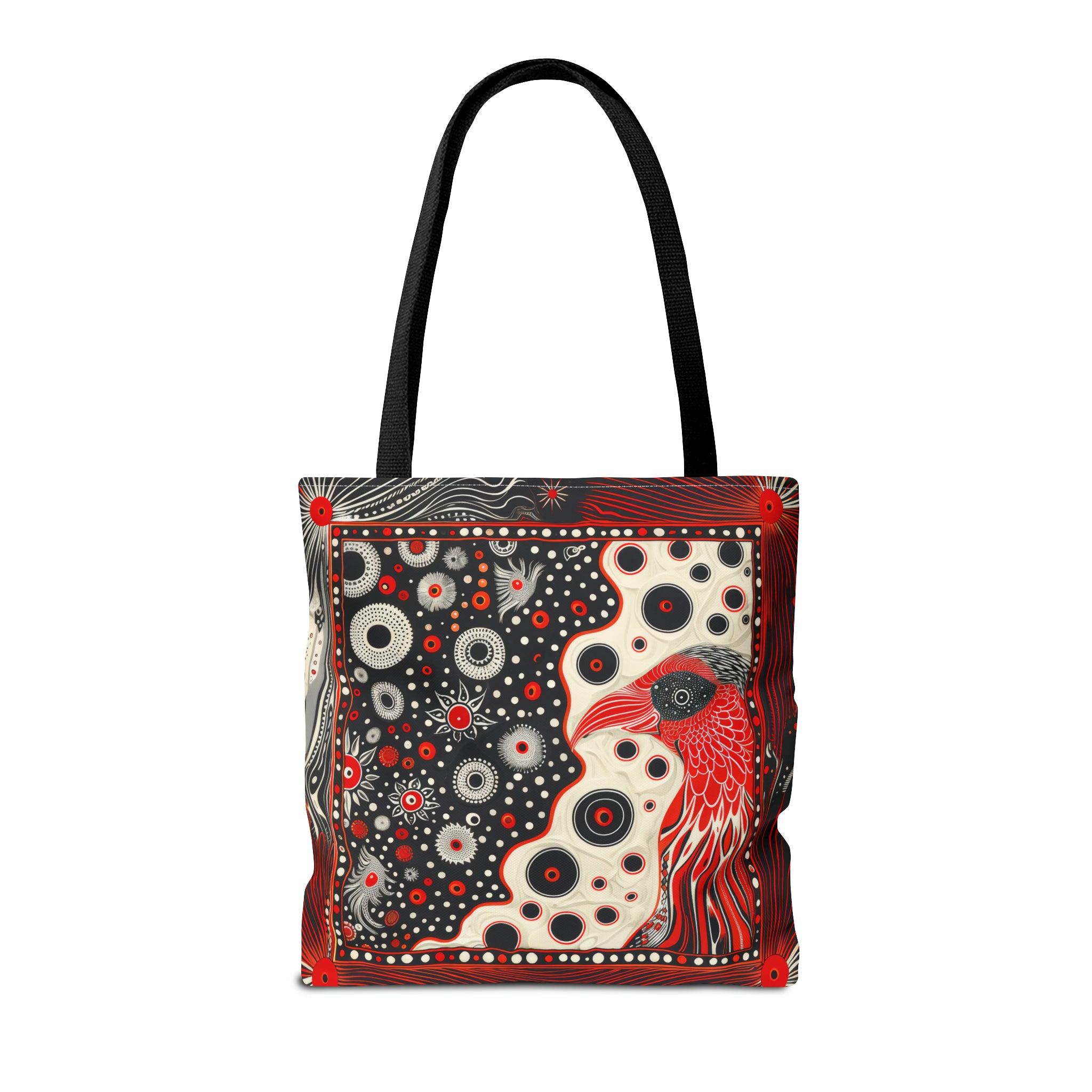 Canvas Tote Bag, Mod Red bird design, modern art inspired whimsical printed colorful design, Accessory bag, all over print