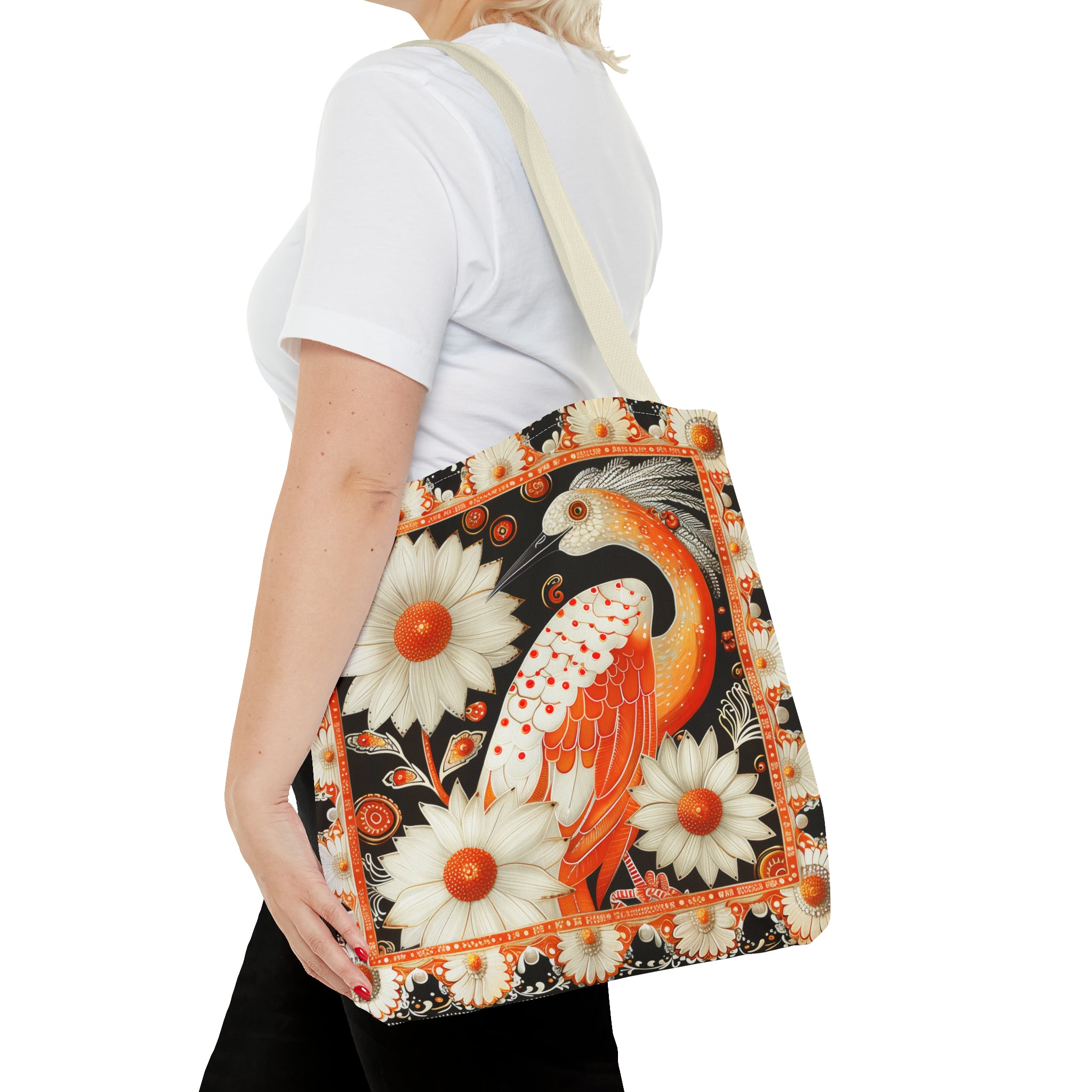 Canvas Tote Bag, inspired vintage orange stork design , vibrant artistic accessory, whimsical all over print bag in three sizes