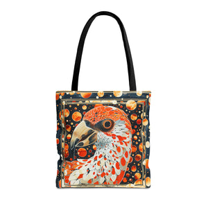 Canvas Tote Bag, vintage inspired orange bird design, vibrant artistic accessory, whimsical all over print bag in three sizes,