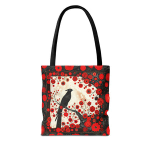 Canvas Tote Bag, vintage inspired bird design with red flowers, vibrant artistic accessory, whimsical all over print bag in three sizes