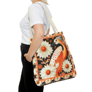 Canvas Tote Bag, inspired vintage orange stork design , vibrant artistic accessory, whimsical all over print bag in three sizes