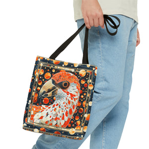 Canvas Tote Bag, vintage inspired orange bird design, vibrant artistic accessory, whimsical all over print bag in three sizes,