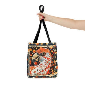 Canvas Tote Bag, vintage inspired orange bird design, vibrant artistic accessory, whimsical all over print bag in three sizes,