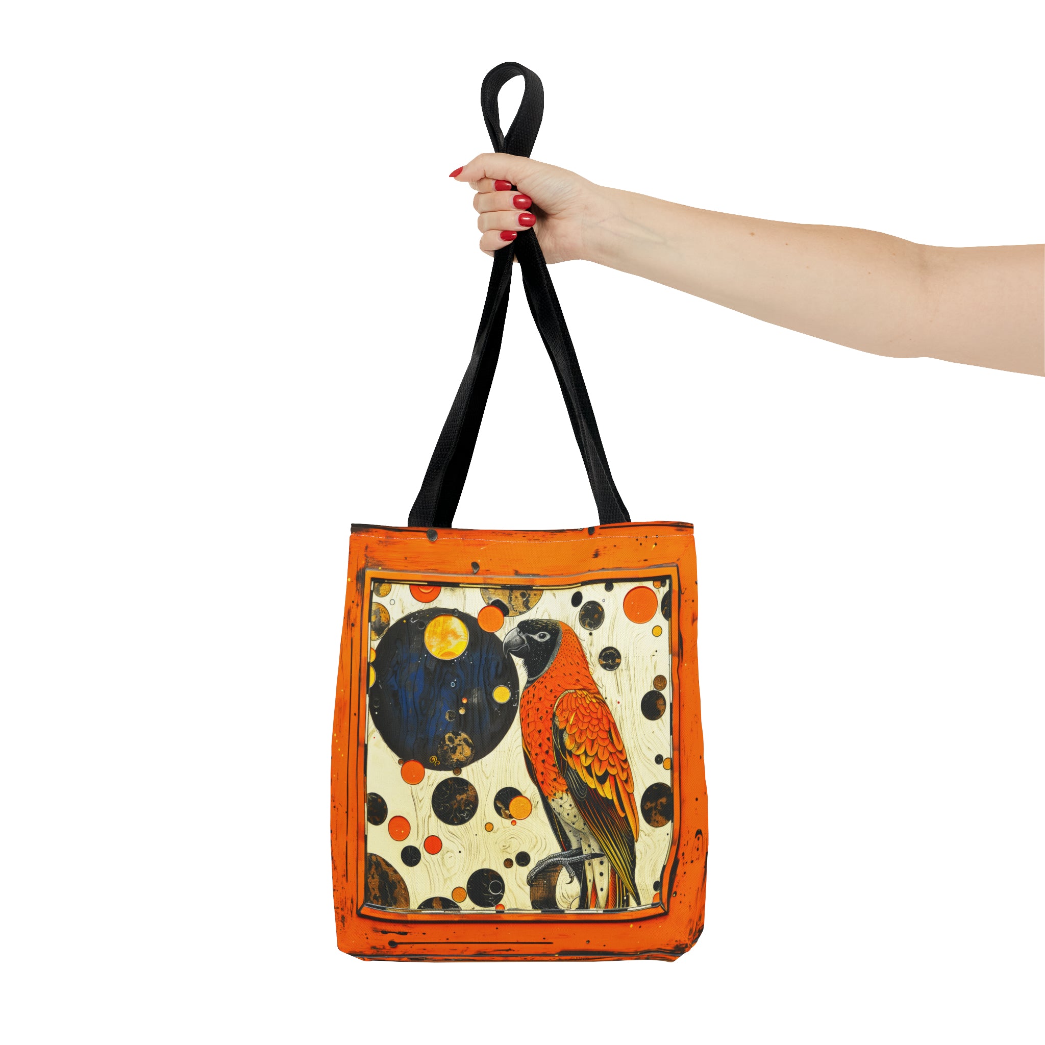 Canvas Tote Bag, vintage inspired bird in an orange frame design, vibrant artistic accessory, whimsical all over print bag in three sizes