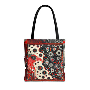 Canvas Tote Bag, Mod Red bird design, modern art inspired whimsical printed colorful design, Accessory bag, all over print