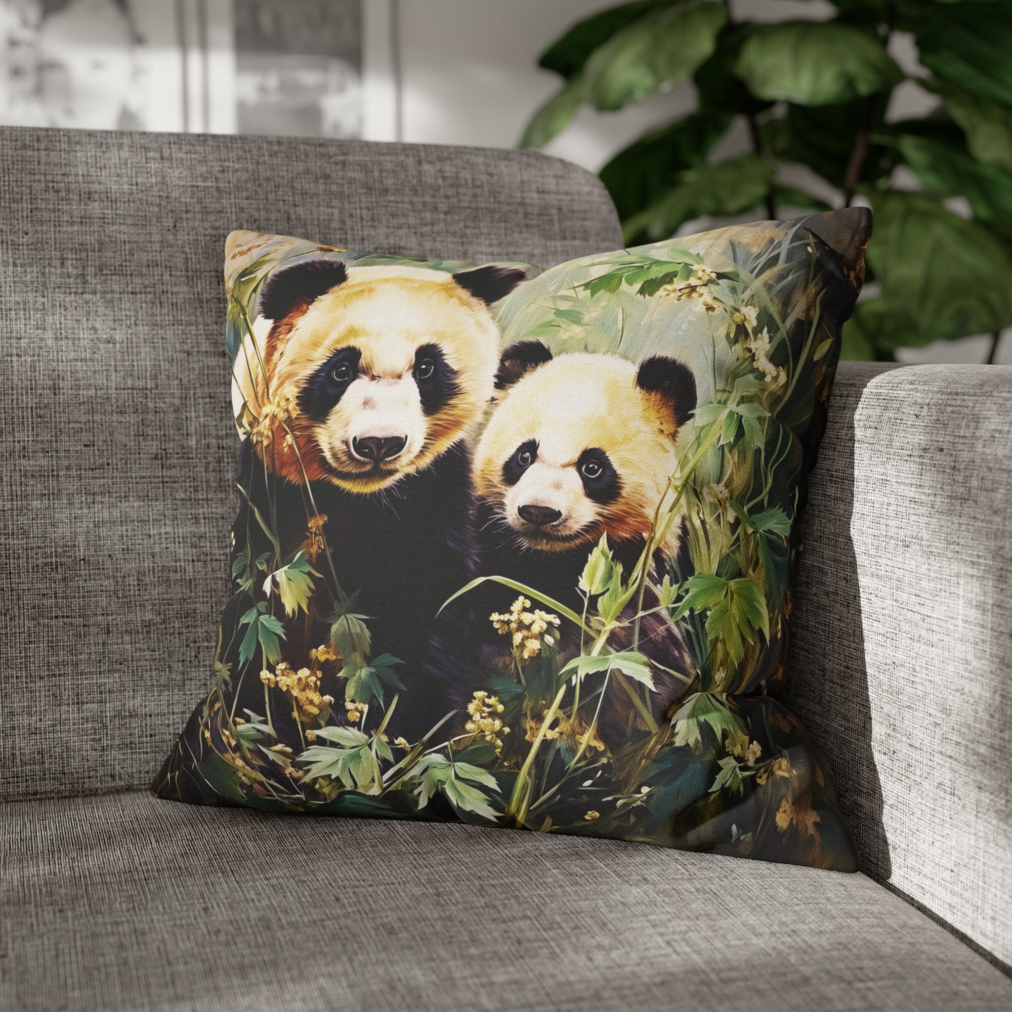 Square Pillow Case 18" x 18", CASE ONLY, no pillow form, original Art , A Mother Panda Bear and Her Cub in the Forest