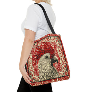 Canvas Tote Bag, vintage inspired exotic bird design in red, vibrant artistic accessory, whimsical all over print bag, three sizes