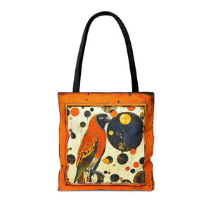 Canvas Tote Bag, vintage inspired bird in an orange frame design, vibrant artistic accessory, whimsical all over print bag in three sizes