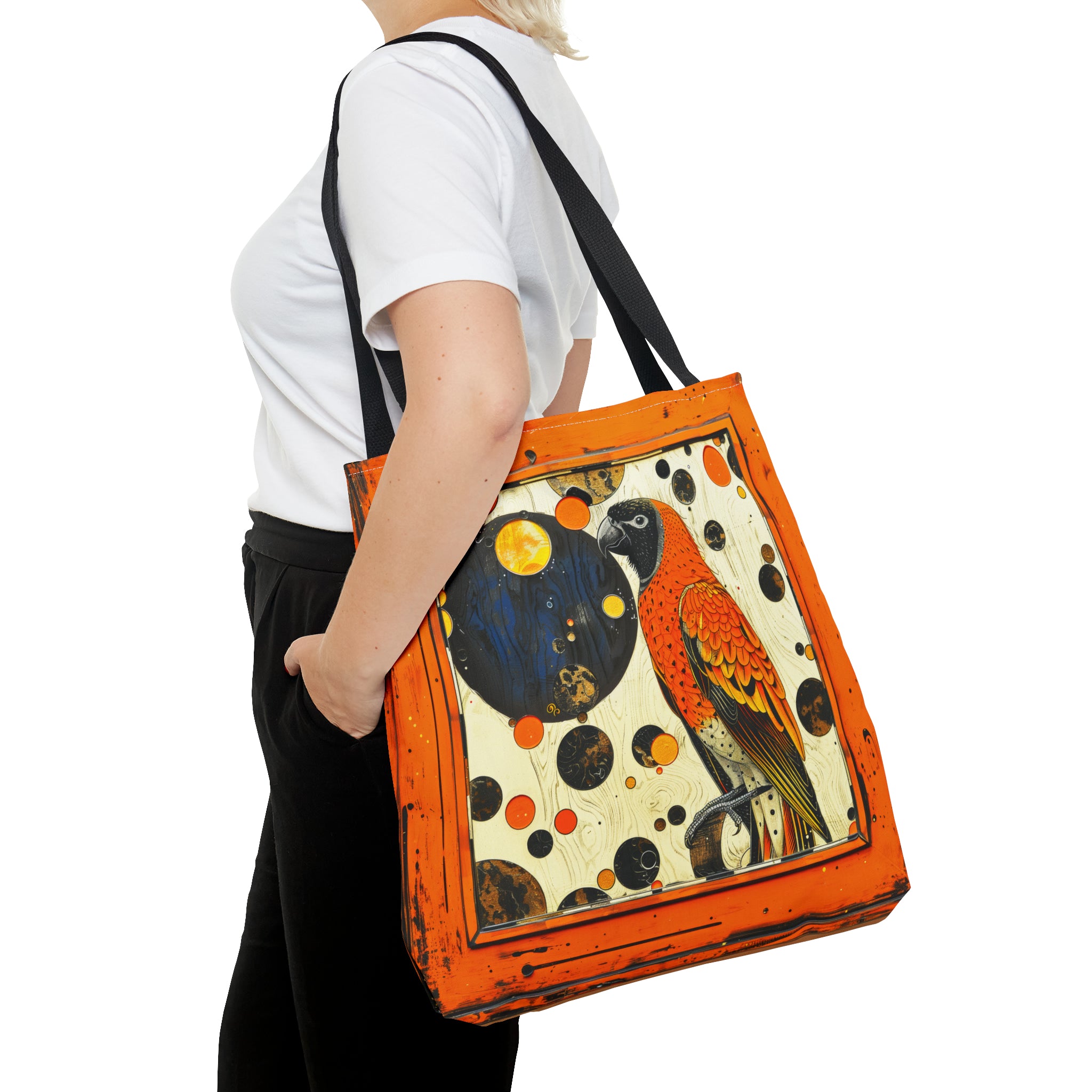 Canvas Tote Bag, vintage inspired bird in an orange frame design, vibrant artistic accessory, whimsical all over print bag in three sizes