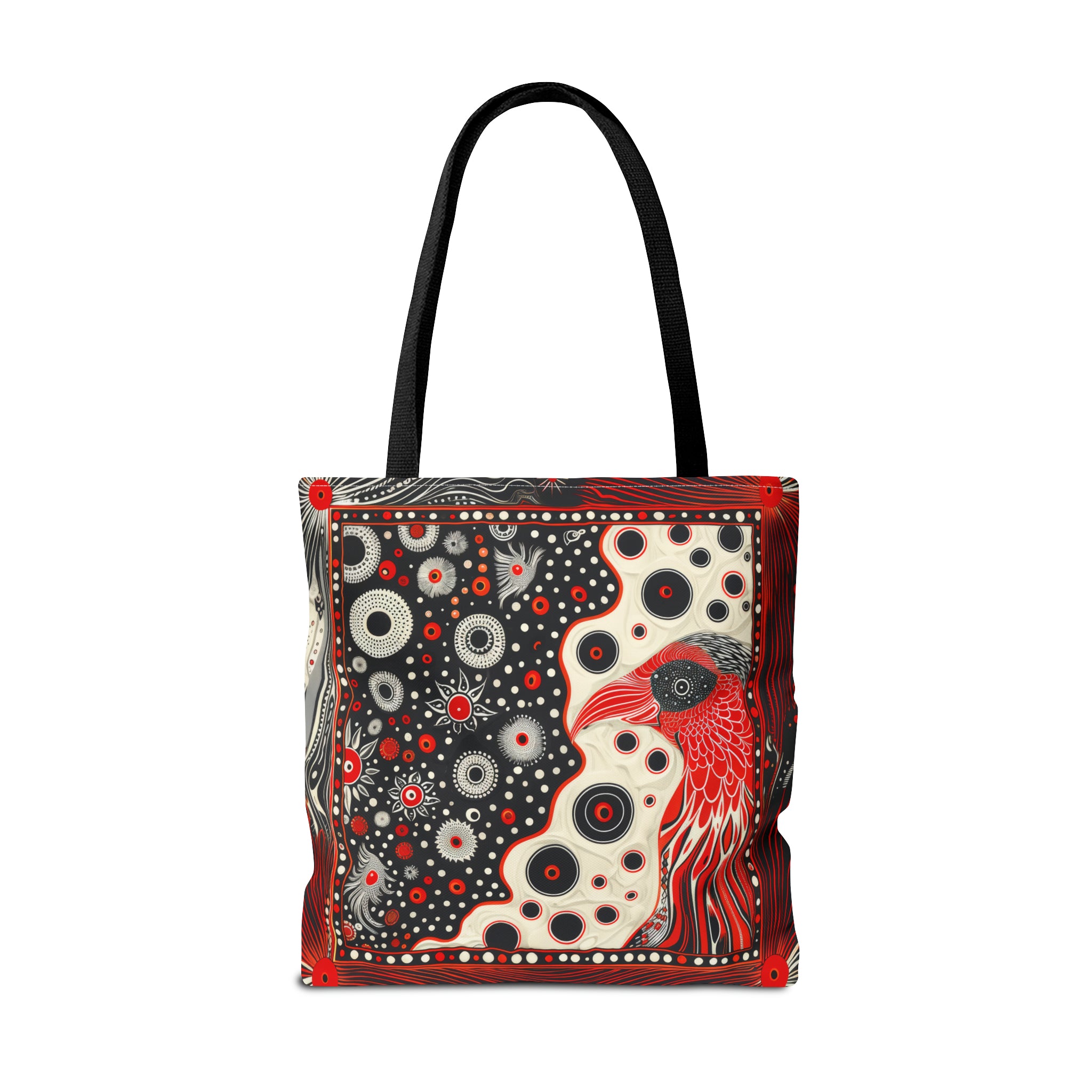Canvas Tote Bag, Mod Red bird design, modern art inspired whimsical printed colorful design, Accessory bag, all over print