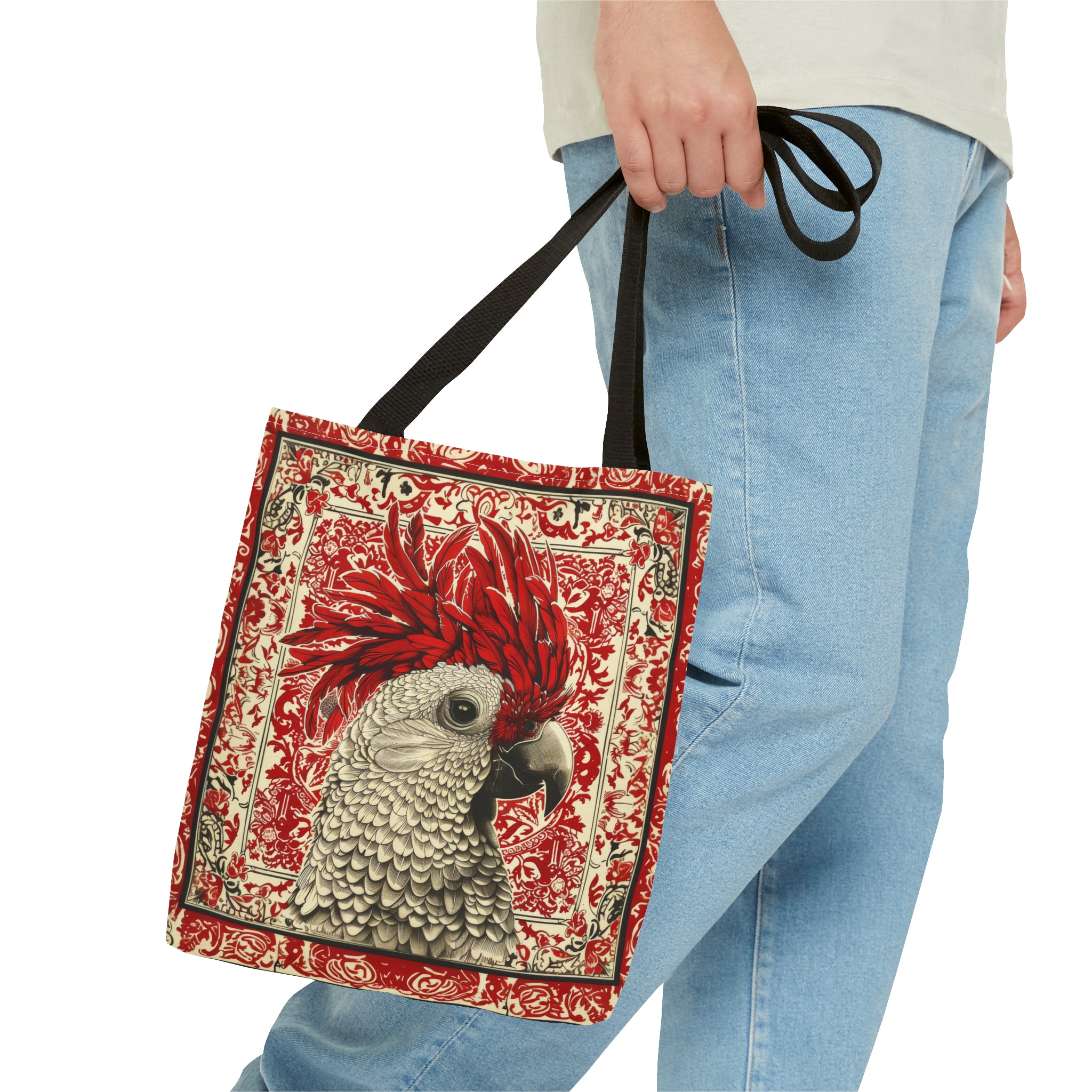 Canvas Tote Bag, vintage inspired exotic bird design in red, vibrant artistic accessory, whimsical all over print bag, three sizes