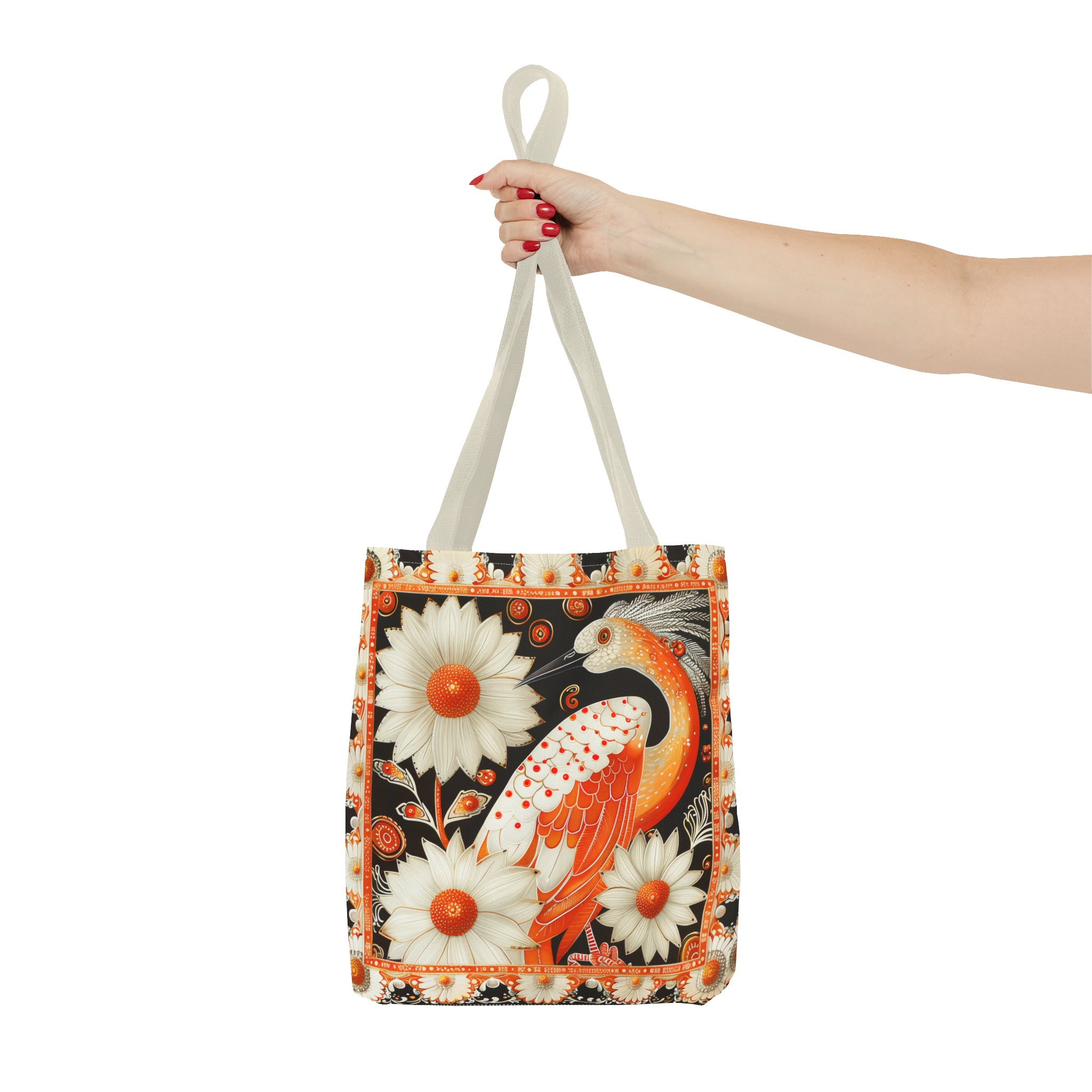 Canvas Tote Bag, inspired vintage orange stork design , vibrant artistic accessory, whimsical all over print bag in three sizes