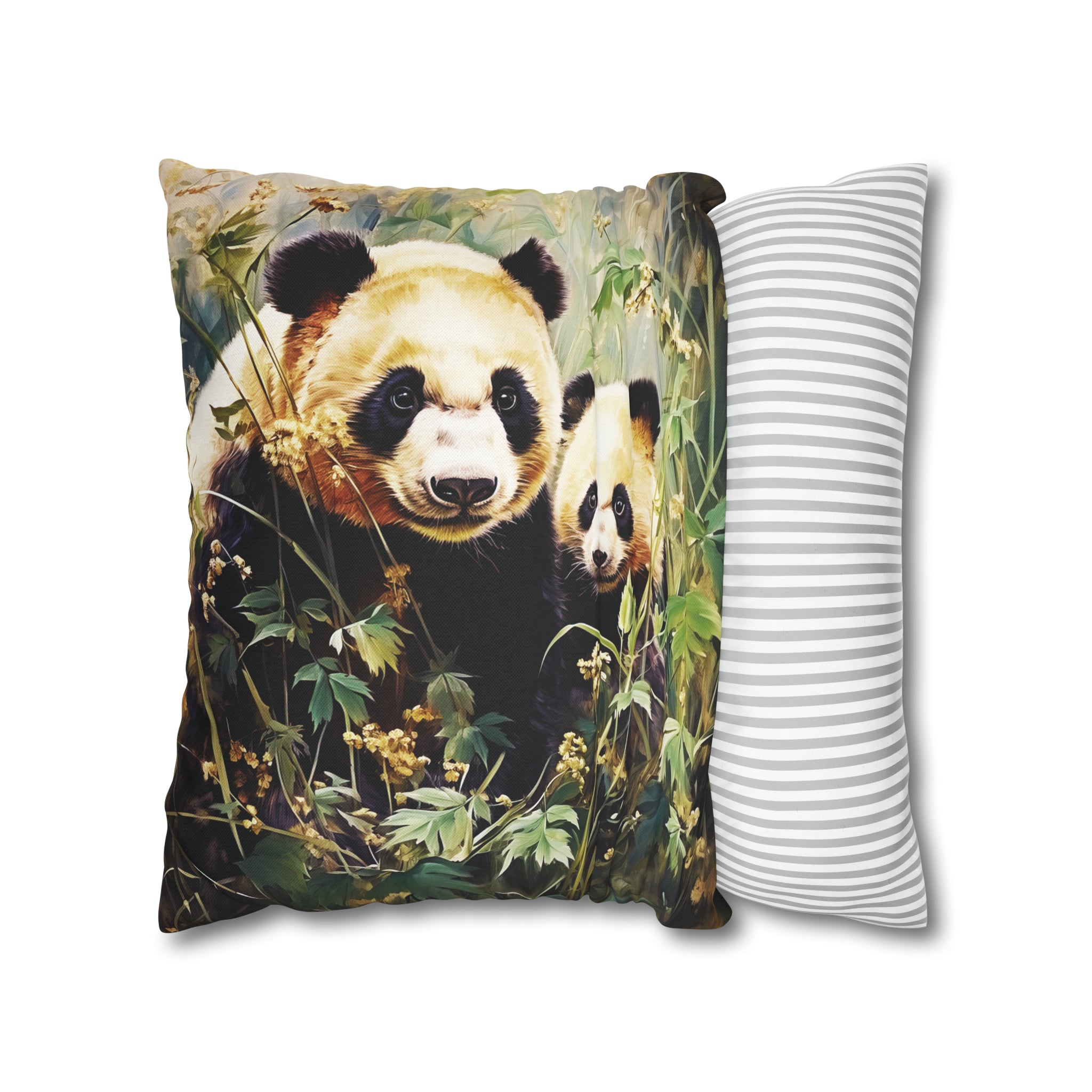 Square Pillow Case 18" x 18", CASE ONLY, no pillow form, original Art , A Mother Panda Bear and Her Cub in the Forest