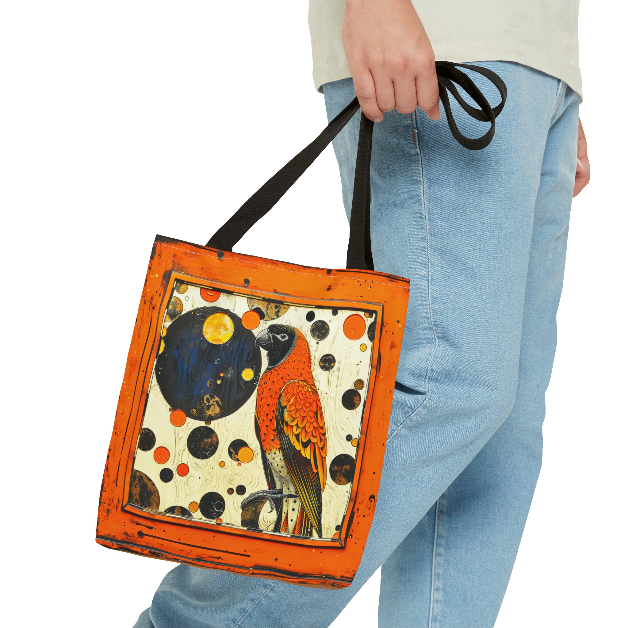 Canvas Tote Bag, vintage inspired bird in an orange frame design, vibrant artistic accessory, whimsical all over print bag in three sizes